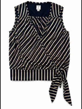Tristan NWOT Navy Striped Faux Wrap Tie Blouse Size M
